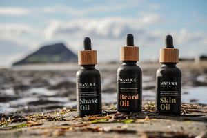 Personal care that you can feel good about - An image of Manuka Essentials Shave Oil, Beard Oil, and Skin Oil bottles. 